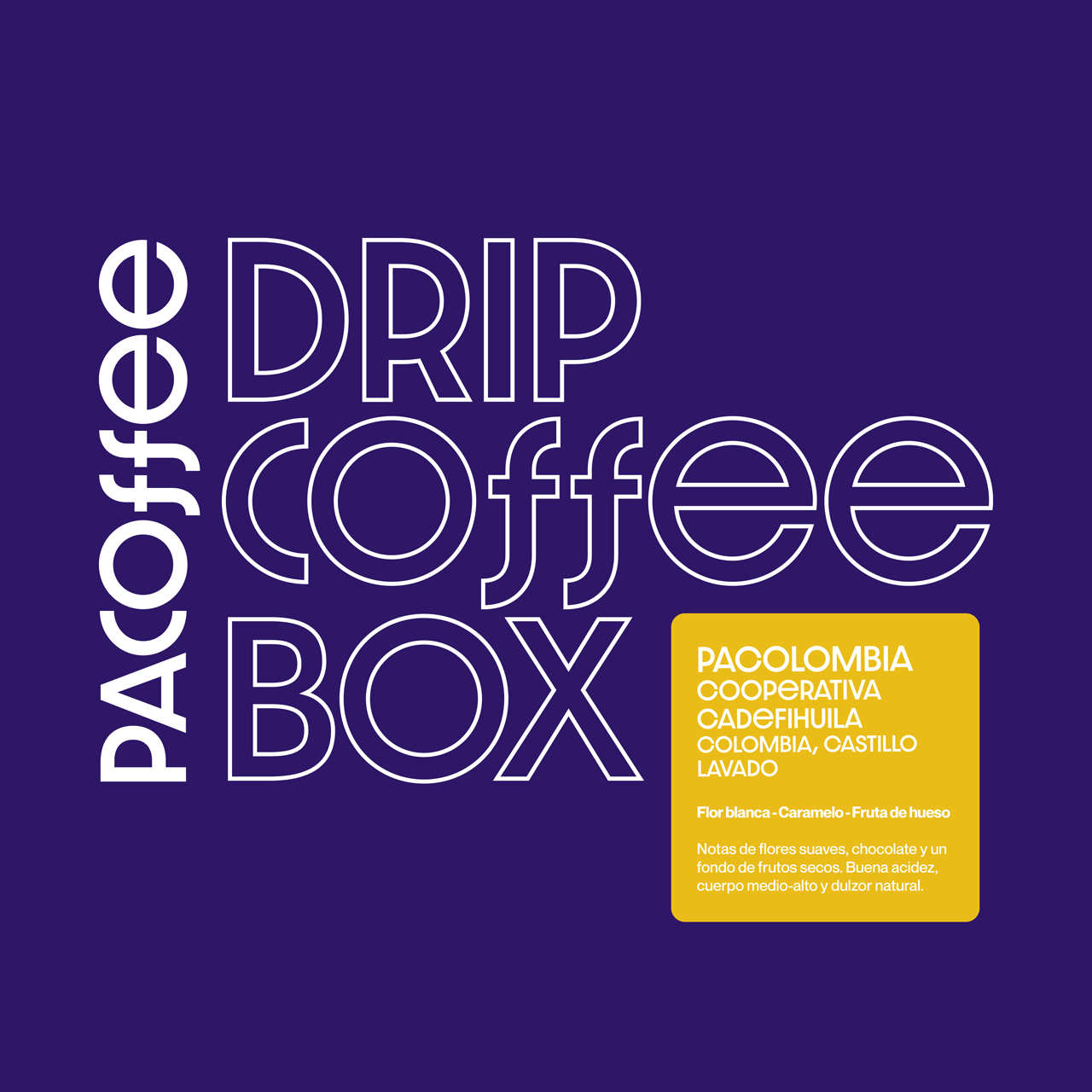 Caja morada Drip Coffee Pacoffee con sobres individuales de café de especialidad Colombia Pitalito lavado, aroma floral y dulce.
